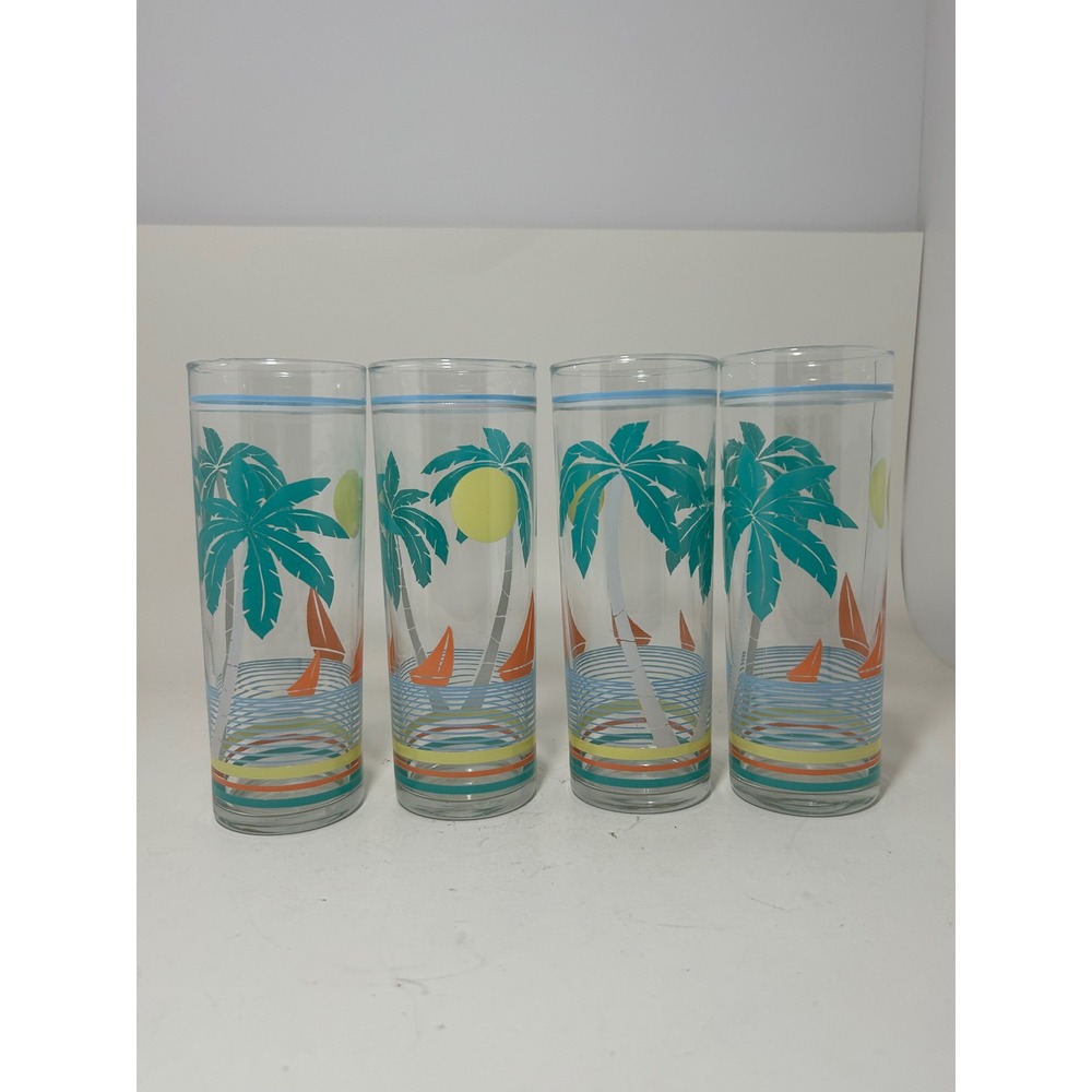 Vintage Tropical Palm Tree Sailboat Highball Glasses Set of 4 Tiki Barware